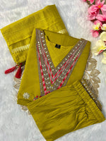 image, New Wedding Wear Dark Mustard Color Roman Silk Embroidery Work Designer Straight Kurta With Trouser n Dupatta Set
