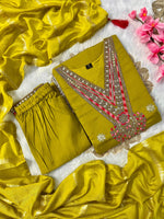 image, New Wedding Wear Dark Mustard Color Roman Silk Embroidery Work Designer Straight Kurta With Trouser n Dupatta Set
