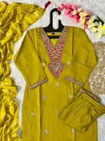 image, New Wedding Wear Dark Mustard Color Roman Silk Embroidery Work Designer Straight Kurta With Trouser n Dupatta Set
