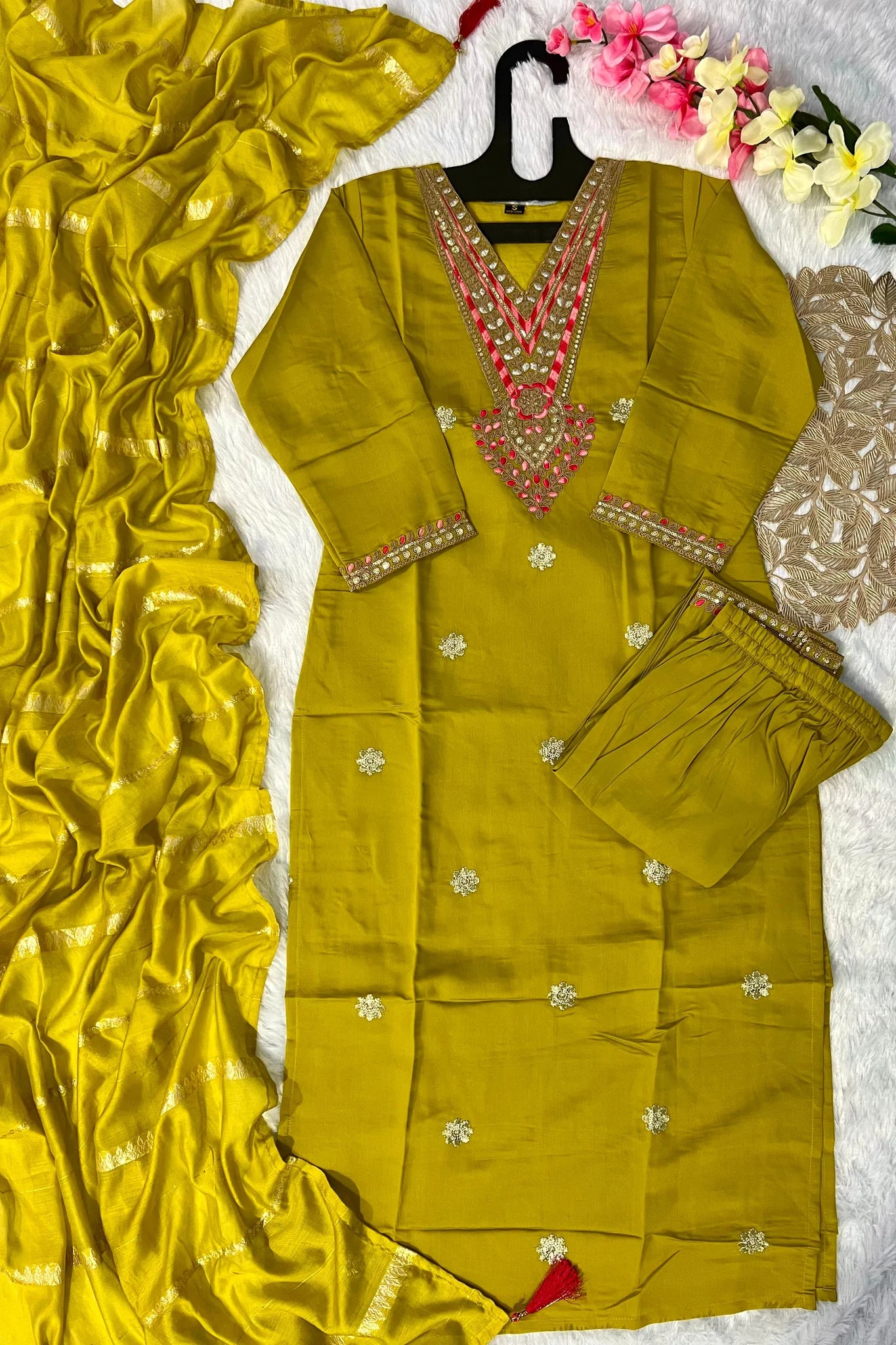 New Wedding Wear Dark Mustard Color Roman Silk Embroidery Work Designer Straight Kurta With Trouser n Dupatta Set