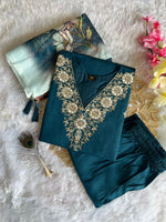 image, New Wedding Wear Teal Blue Color Roman Silk Embroidery n Sequence Work Designer Straight Kurta With Trouser n Dupatta Set

