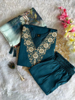 image, New Wedding Wear Teal Blue Color Roman Silk Embroidery n Sequence Work Designer Straight Kurta With Trouser n Dupatta Set
