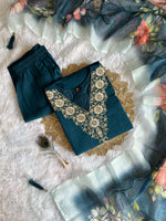 image, New Wedding Wear Teal Blue Color Roman Silk Embroidery n Sequence Work Designer Straight Kurta With Trouser n Dupatta Set
