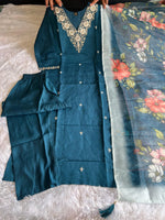 image, New Wedding Wear Teal Blue Color Roman Silk Embroidery n Sequence Work Designer Straight Kurta With Trouser n Dupatta Set
