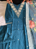 image, New Wedding Wear Teal Blue Color Roman Silk Embroidery n Sequence Work Designer Straight Kurta With Trouser n Dupatta Set
