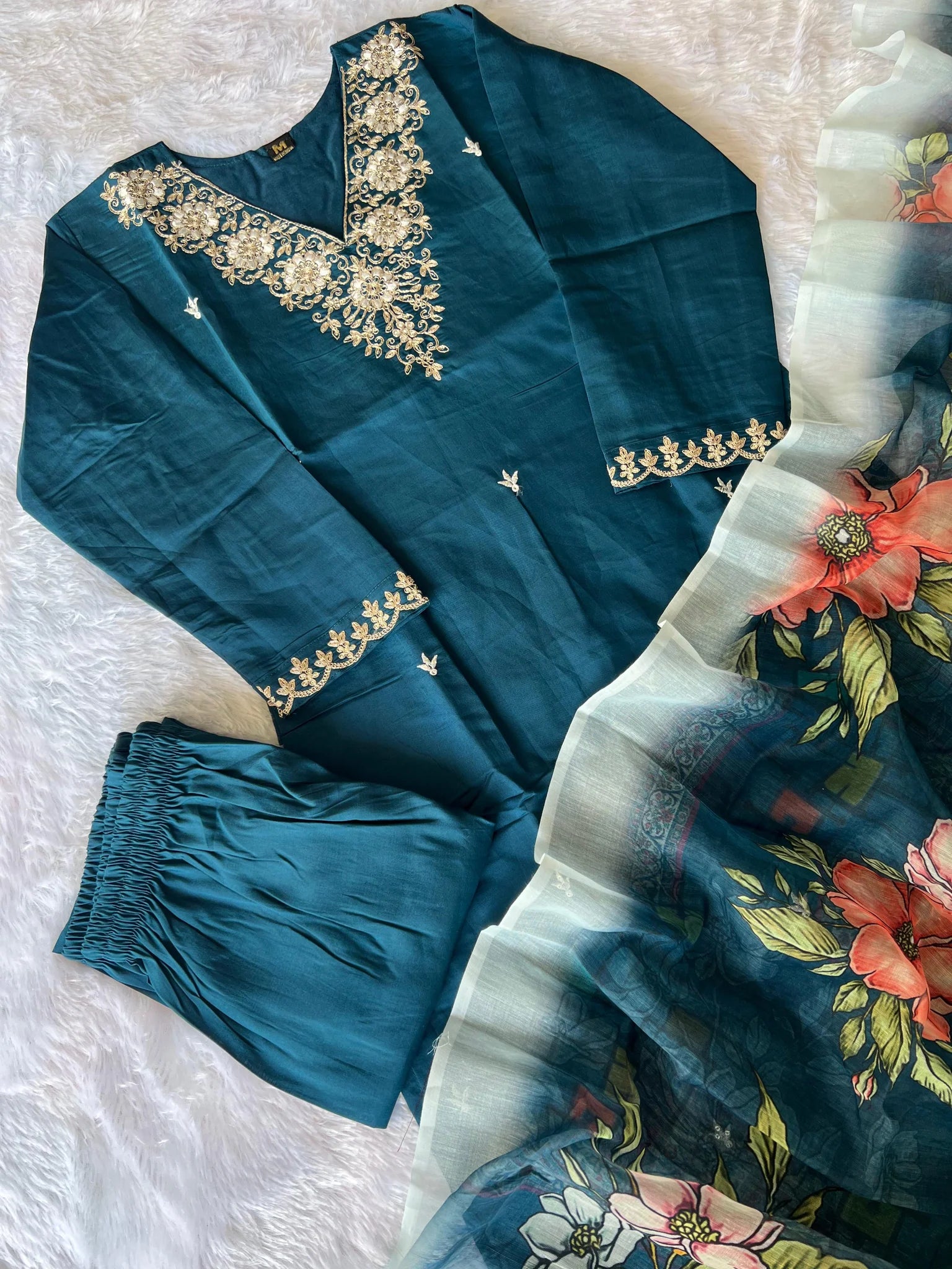 New Wedding Wear Teal Blue Color Roman Silk Embroidery n Sequence Work Designer Straight Kurta With Trouser n Dupatta Set