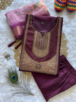 image, New Festive Wear Wine Color Roman Silk Embroidery n Sequence Work Designer Straight Kurta With Trouser n Dupatta Set
