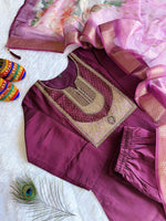 image, New Festive Wear Wine Color Roman Silk Embroidery n Sequence Work Designer Straight Kurta With Trouser n Dupatta Set
