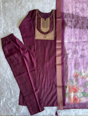 New Festive Wear Wine Color Roman Silk Embroidery n Sequence Work Designer Straight Kurta With Trouser n Dupatta Set
