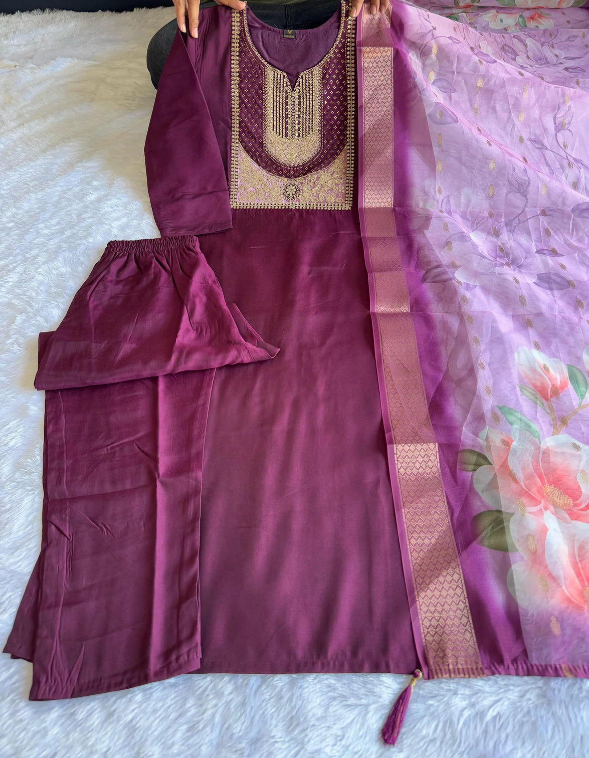 New Festive Wear Wine Color Roman Silk Embroidery n Sequence Work Designer Straight Kurta With Trouser n Dupatta Set