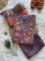 image, New Wedding Wear Violet Color Roman Silk Embroidery n Sequence Work Designer Straight Kurta With Trouser n Dupatta Set
