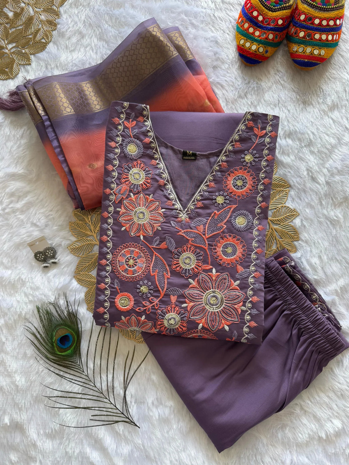 New Wedding Wear Violet Color Roman Silk Embroidery n Sequence Work Designer Straight Kurta With Trouser n Dupatta Set