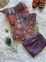image, New Wedding Wear Violet Color Roman Silk Embroidery n Sequence Work Designer Straight Kurta With Trouser n Dupatta Set

