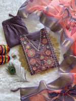 image, New Wedding Wear Violet Color Roman Silk Embroidery n Sequence Work Designer Straight Kurta With Trouser n Dupatta Set
