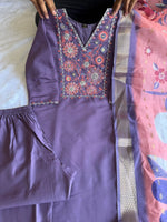 image, New Wedding Wear Violet Color Roman Silk Embroidery n Sequence Work Designer Straight Kurta With Trouser n Dupatta Set
