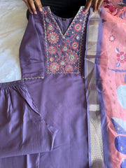 New Wedding Wear Violet Color Roman Silk Embroidery n Sequence Work Designer Straight Kurta With Trouser n Dupatta Set