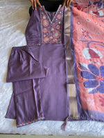 image, New Wedding Wear Violet Color Roman Silk Embroidery n Sequence Work Designer Straight Kurta With Trouser n Dupatta Set
