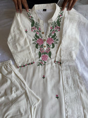 New Wedding Wear White Color Cotton Embroidery Work Designer Straight Kurta With Trouser n Dupatta Set