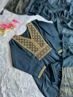 image, Latest Function Wear Teal Blue Color Cotton Embroidery n Sequence Work Designer Straight Kurta With Trouser n Dupatta Set

