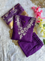 image, New Wedding Wear Purple Color Roman Silk Embroidery n Sequence Work Designer Straight Kurta With Trouser n Dupatta Set
