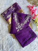 image, New Wedding Wear Purple Color Roman Silk Embroidery n Sequence Work Designer Straight Kurta With Trouser n Dupatta Set
