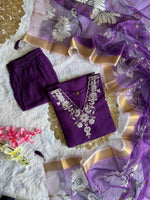 image, New Wedding Wear Purple Color Roman Silk Embroidery n Sequence Work Designer Straight Kurta With Trouser n Dupatta Set
