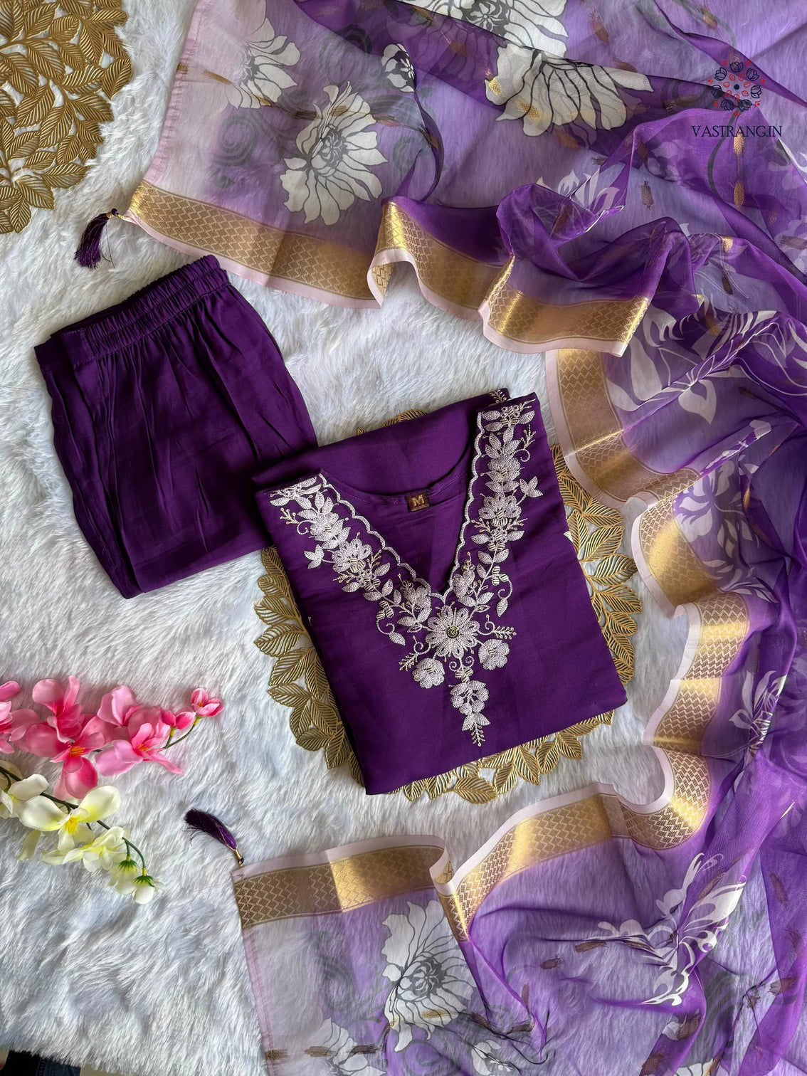 New Wedding Wear Purple Color Roman Silk Embroidery n Sequence Work Designer Straight Kurta With Trouser n Dupatta Set
