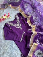 image, New Wedding Wear Purple Color Roman Silk Embroidery n Sequence Work Designer Straight Kurta With Trouser n Dupatta Set

