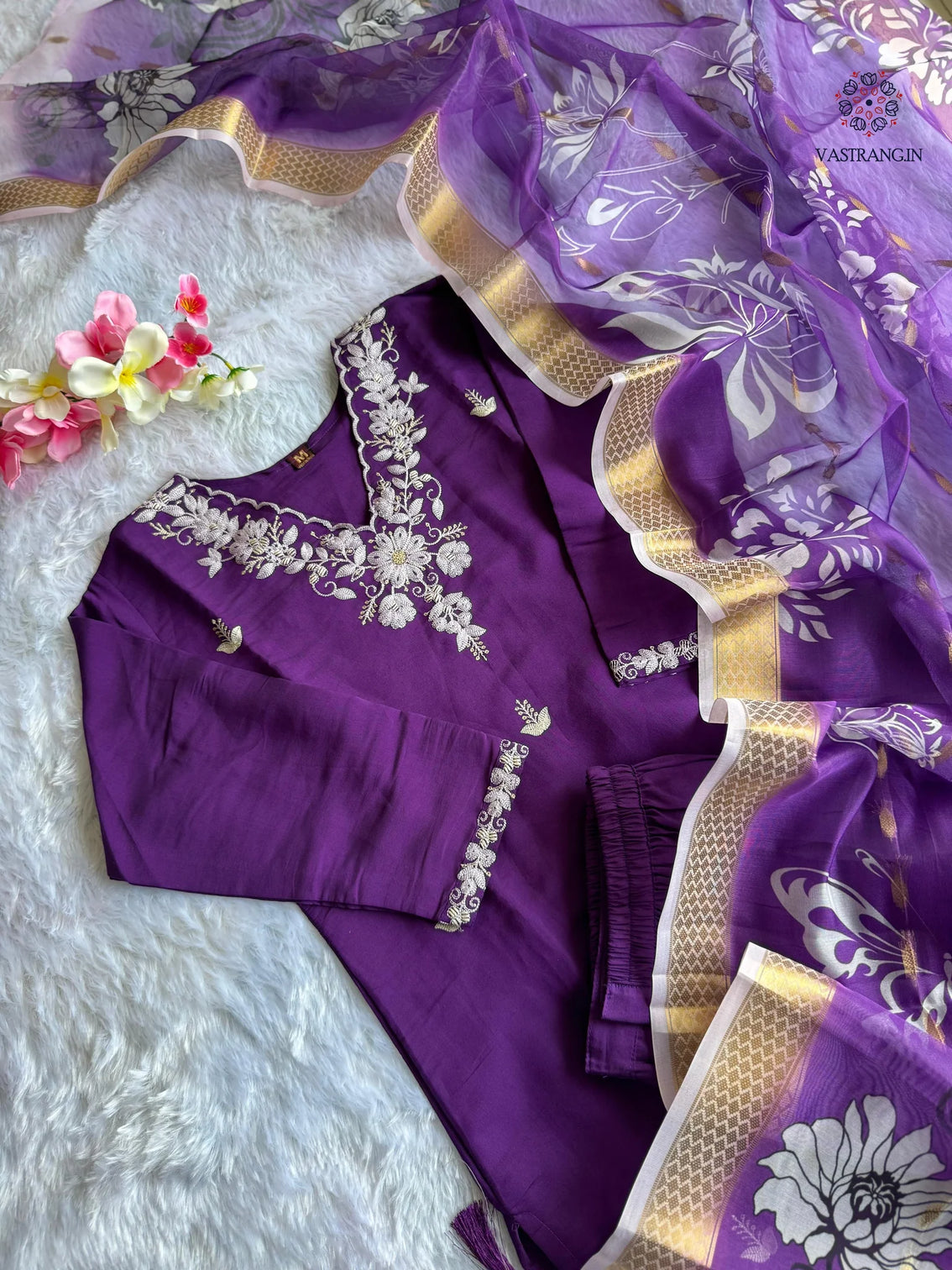 New Wedding Wear Purple Color Roman Silk Embroidery n Sequence Work Designer Straight Kurta With Trouser n Dupatta Set