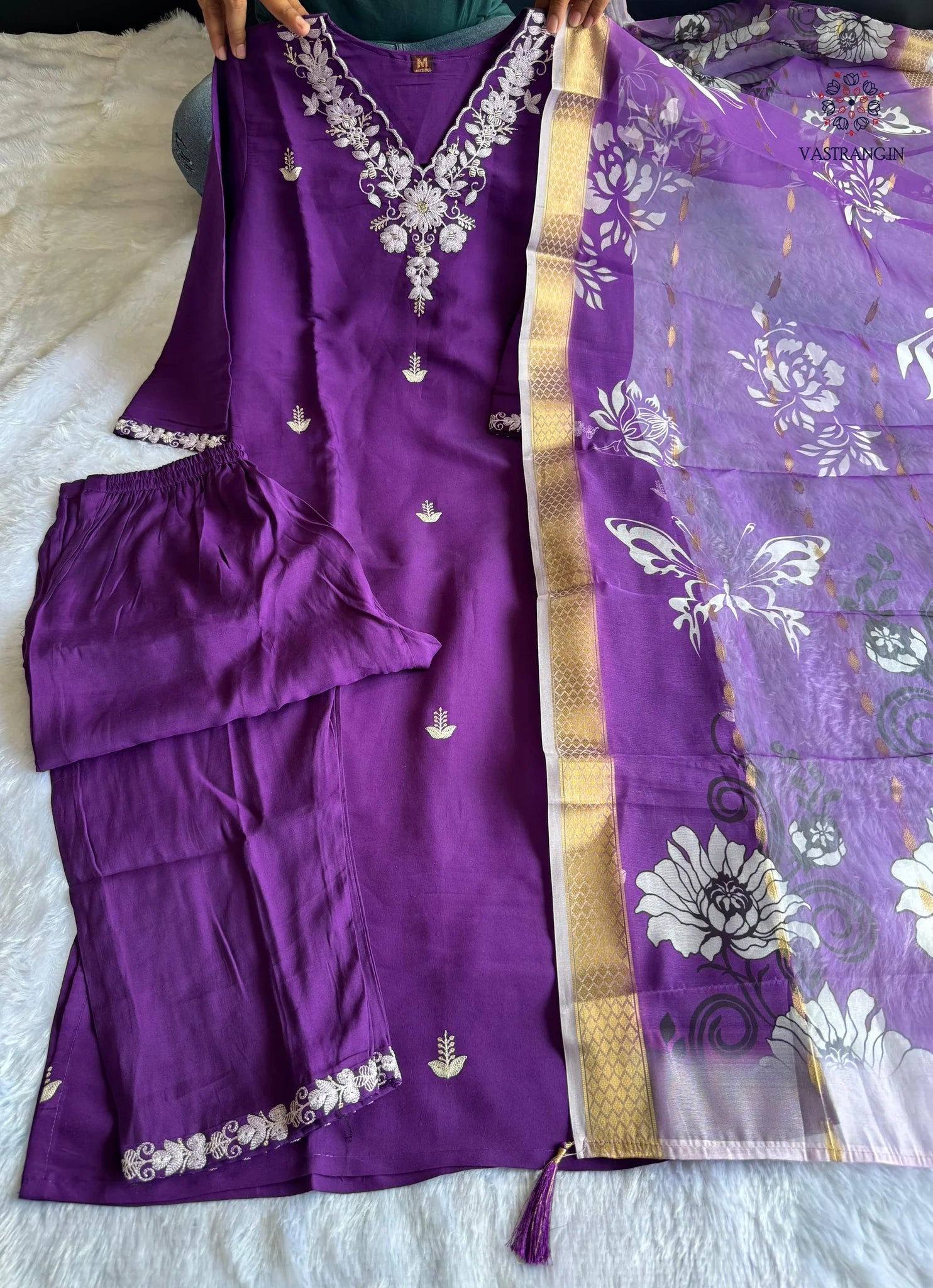 New Wedding Wear Purple Color Roman Silk Embroidery n Sequence Work Designer Straight Kurta With Trouser n Dupatta Set