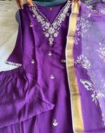 image, New Wedding Wear Purple Color Roman Silk Embroidery n Sequence Work Designer Straight Kurta With Trouser n Dupatta Set
