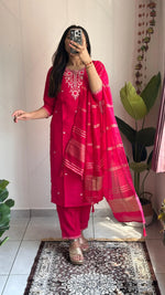 image, New Wedding Wear Pink Color Roman Silk Embroidery n Sequence Work Designer Straight Kurta With Trouser n Dupatta Set
