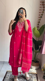 image, New Wedding Wear Pink Color Roman Silk Embroidery n Sequence Work Designer Straight Kurta With Trouser n Dupatta Set
