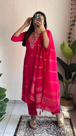 image, New Wedding Wear Pink Color Roman Silk Embroidery n Sequence Work Designer Straight Kurta With Trouser n Dupatta Set
