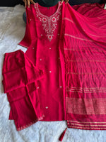 image, New Wedding Wear Pink Color Roman Silk Embroidery n Sequence Work Designer Straight Kurta With Trouser n Dupatta Set
