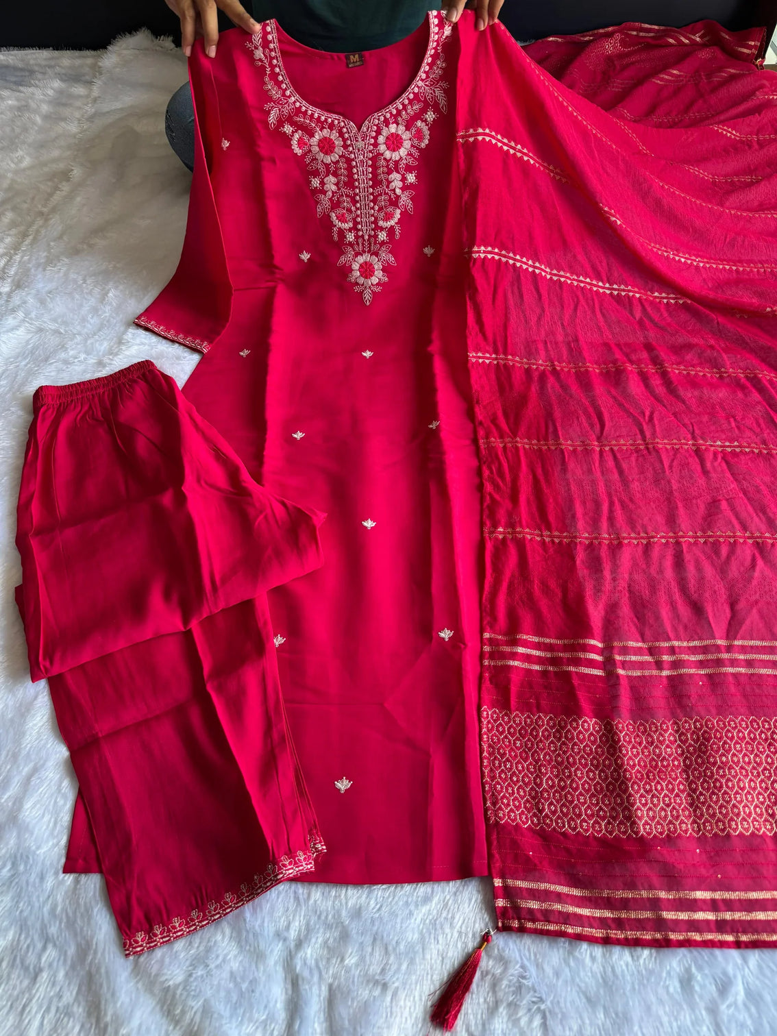New Wedding Wear Pink Color Roman Silk Embroidery n Sequence Work Designer Straight Kurta With Trouser n Dupatta Set