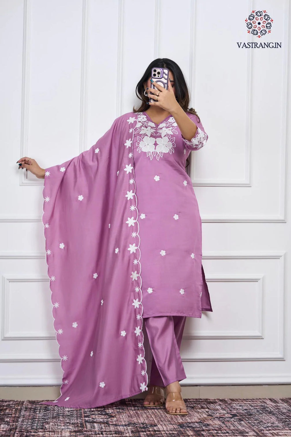 New Function Wear Light Wine Color Roman Silk Embroidery n Sequence Work Designer Straight Kurta With Trouser n Dupatta Set