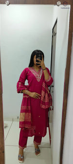 image, New Festive Wear Cherry Color Roman Silk Embroidery n Sequence Work Designer Straight Kurta With Trouser n Dupatta Set
