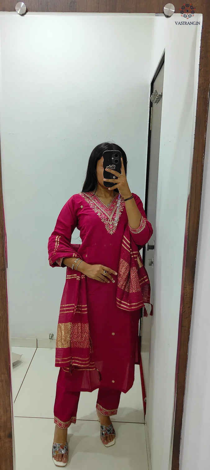 New Festive Wear Cherry Color Roman Silk Embroidery n Sequence Work Designer Straight Kurta With Trouser n Dupatta Set