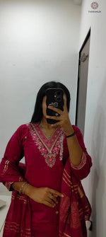 image, New Festive Wear Cherry Color Roman Silk Embroidery n Sequence Work Designer Straight Kurta With Trouser n Dupatta Set
