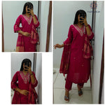 image, New Festive Wear Cherry Color Roman Silk Embroidery n Sequence Work Designer Straight Kurta With Trouser n Dupatta Set
