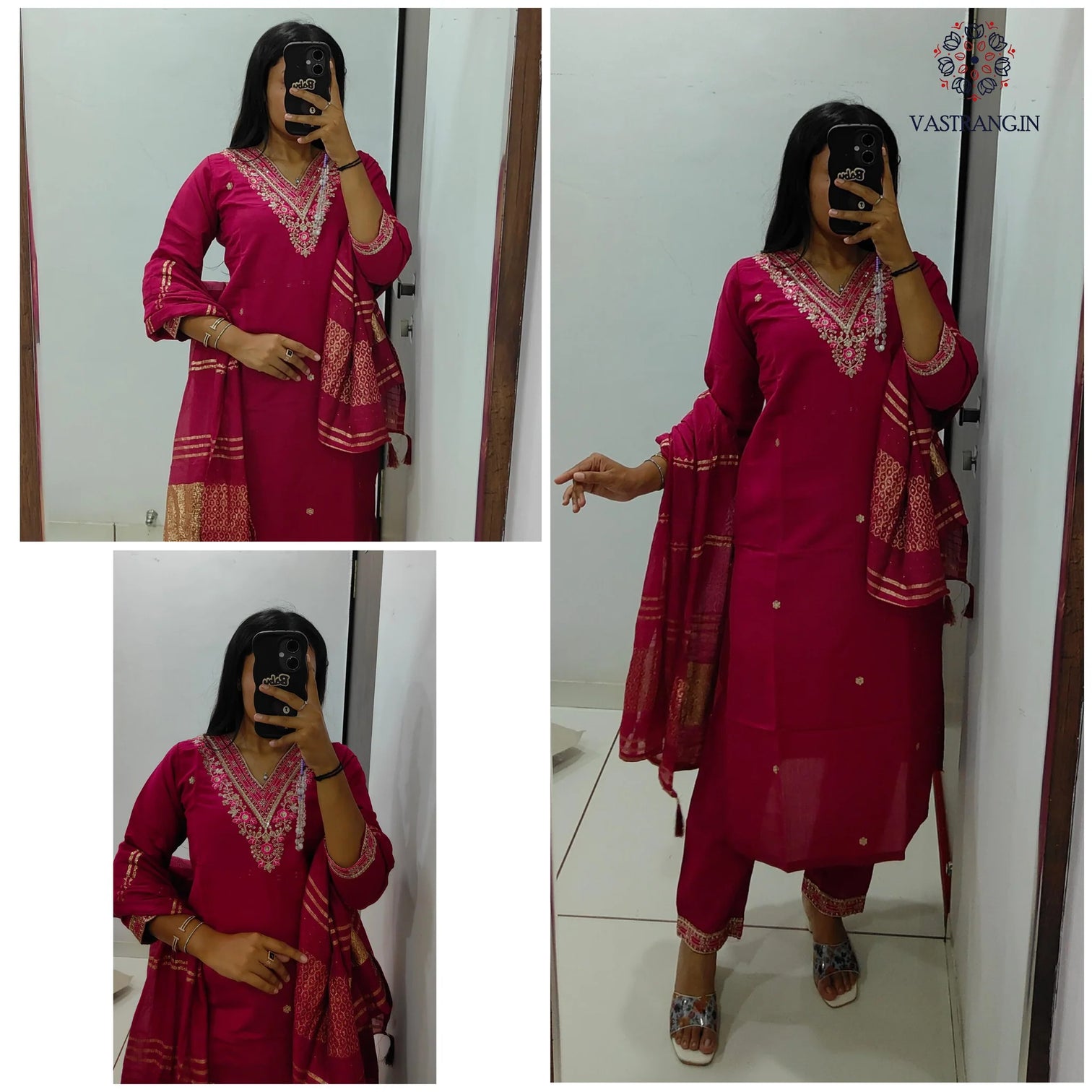 New Festive Wear Cherry Color Roman Silk Embroidery n Sequence Work Designer Straight Kurta With Trouser n Dupatta Set