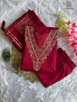 image, New Festive Wear Cherry Color Roman Silk Embroidery n Sequence Work Designer Straight Kurta With Trouser n Dupatta Set
