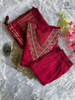 image, New Festive Wear Cherry Color Roman Silk Embroidery n Sequence Work Designer Straight Kurta With Trouser n Dupatta Set
