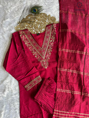 New Festive Wear Cherry Color Roman Silk Embroidery n Sequence Work Designer Straight Kurta With Trouser n Dupatta Set