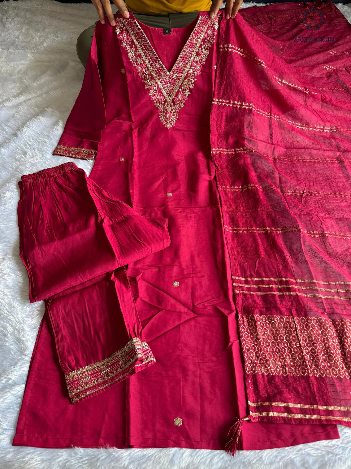 New Festive Wear Cherry Color Roman Silk Embroidery n Sequence Work Designer Straight Kurta With Trouser n Dupatta Set