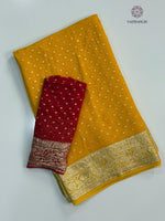 image, Gorgeous Festive Wear Yellow Color Viscose Georgette Jacquard Weaving Work Fancy Designer Saree
