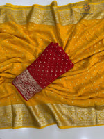 image, Gorgeous Festive Wear Yellow Color Viscose Georgette Jacquard Weaving Work Fancy Designer Saree
