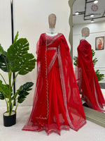 image, New Glorious Red Color Faux Georgette Sequence n Pearl Work Designer Saree Blouse With Stunner Dupatta
