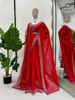 image, New Glorious Red Color Faux Georgette Sequence n Pearl Work Designer Saree Blouse With Stunner Dupatta
